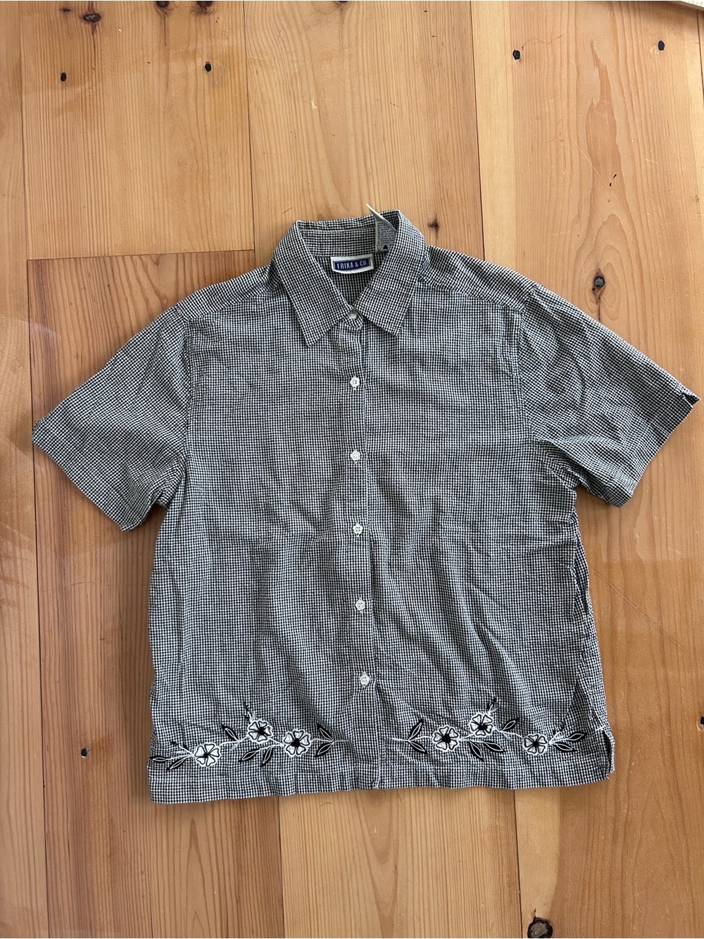 Women’s Gingham Vintage Grandmacore Short-Sleeve Button-Up Blouse with Floral